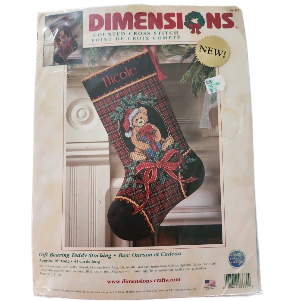 UNOPENED Dimensions Counted Cross Stitch Gift Bearing Teddy Bear Stocking 8682